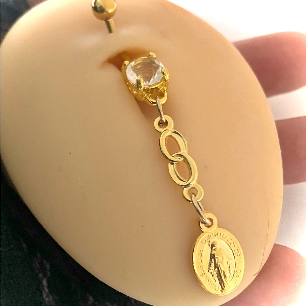 Gold-Tone Dangle Drop Earring with Clear Stone and Medallion